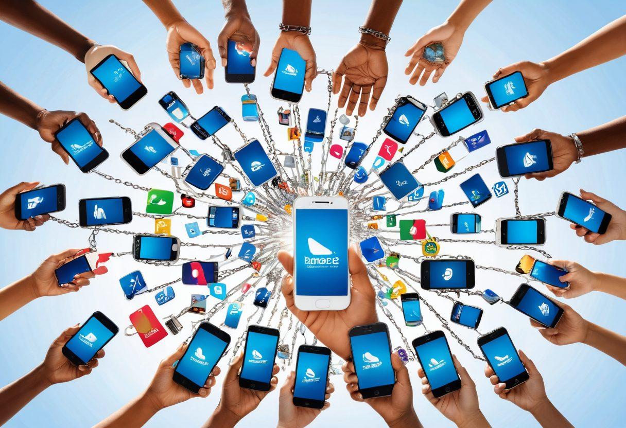 A dynamic scene featuring a smartphone breaking free from chains, symbolizing liberation. In the background, multiple carrier logos gently fade away to imply effortless switching. The foreground showcases diverse hands reaching out towards the smartphone, representing users from various backgrounds. Bright, sunny skies above add a feeling of freedom and positivity. super-realistic. vibrant colors. white background.
