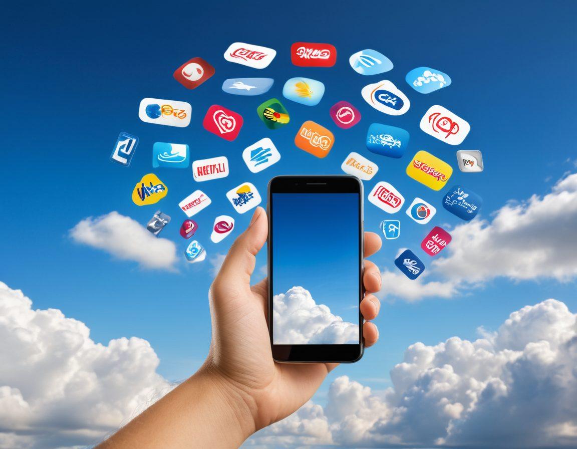 A person confidently holding a smartphone with various carrier logos flying around, symbolizing freedom and choice. In the background, a bright blue sky with fluffy clouds representing liberation and opportunity. Include visual representations of key techniques like a key unlocking a phone or a road leading to new destinations. Emphasize a dynamic and approachable feel with vibrant colors. super-realistic. vibrant colors. white background.