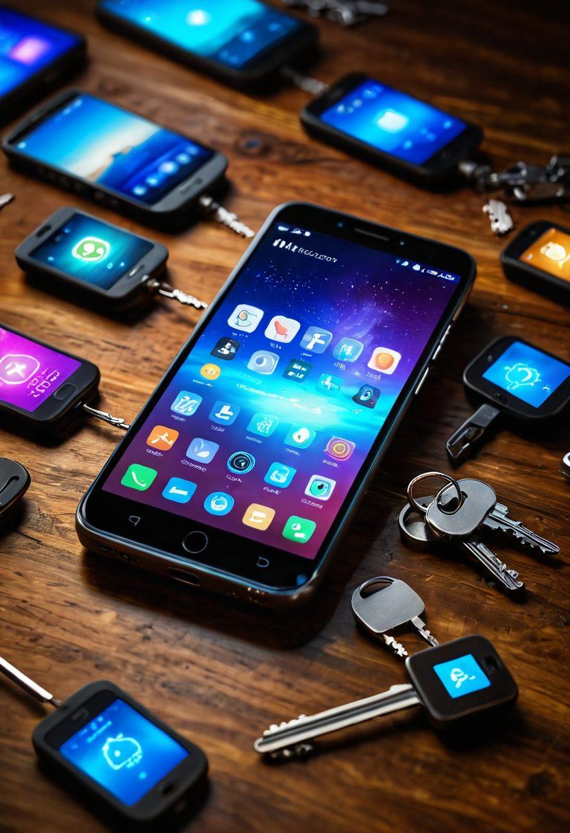 A futuristic smartphone lying on a wooden table, surrounded by glowing digital locks and keys, symbolizing mobile unlocking. In the background, showcase diverse people using unlocked devices in various scenarios, such as traveling, remote working, and enjoying media. Soft lighting with a techy feel, emphasizing connectivity and freedom. super-realistic. vibrant colors. digital art.